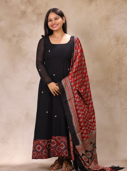 Black Ajrakh Patch Work Narayanpet Cotton Anarkali Dress with Ajrakh Modal Silk Dupatta | Looms & Tassels