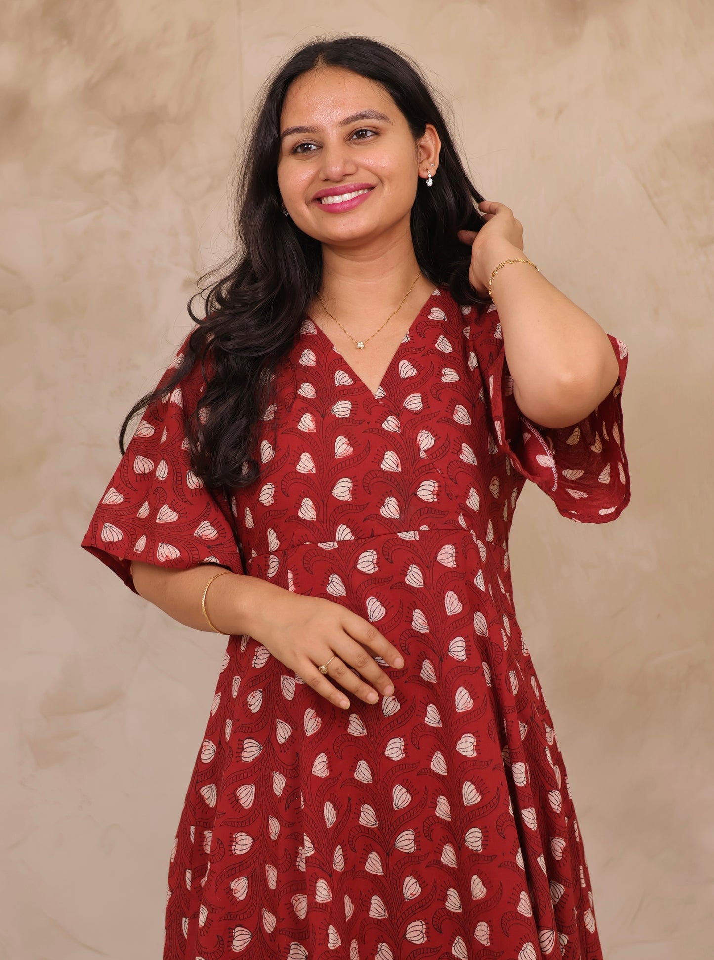 Rust Red Hand Block Printed Pure Mul Cotton Maxi Dress | Looms & Tassels