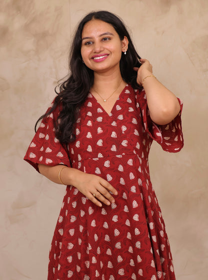 Rust Red Hand Block Printed Pure Mul Cotton Maxi Dress | Looms & Tassels