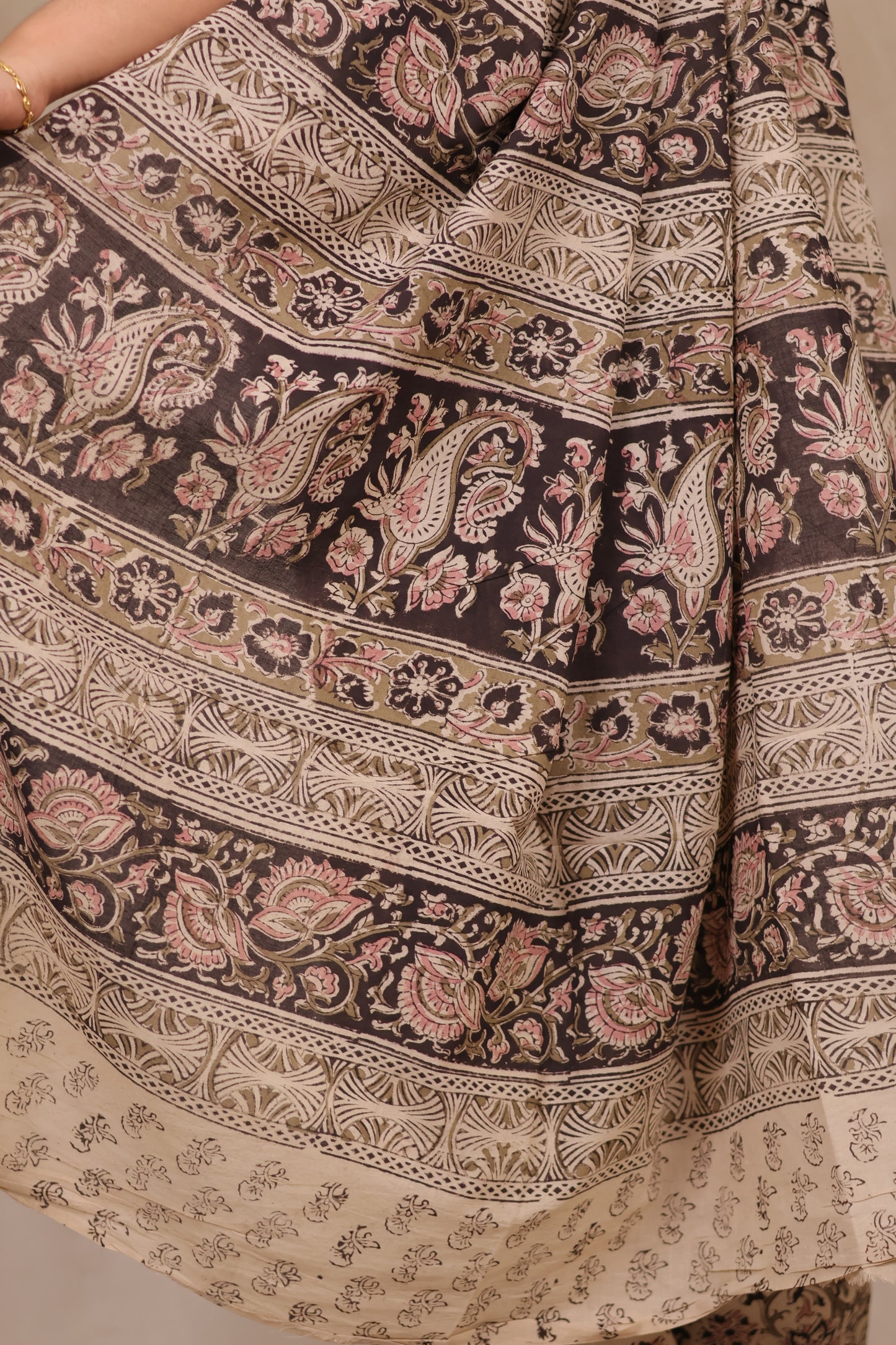 Cream Hand Block Printed Kalamkari Cotton Saree | Looms & Tassels