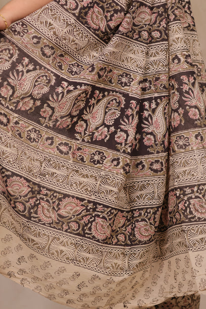 Cream Hand Block Printed Kalamkari Cotton Saree | Looms & Tassels