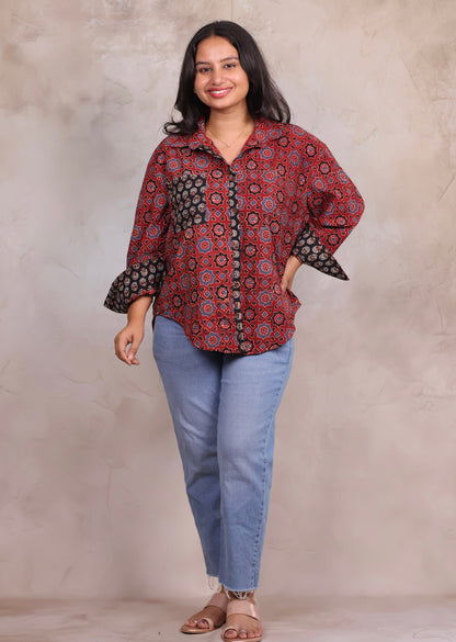 Red Ajrakh Handblock Printed Patch Work Shirt (Pure Cotton ) | Looms & Tassels