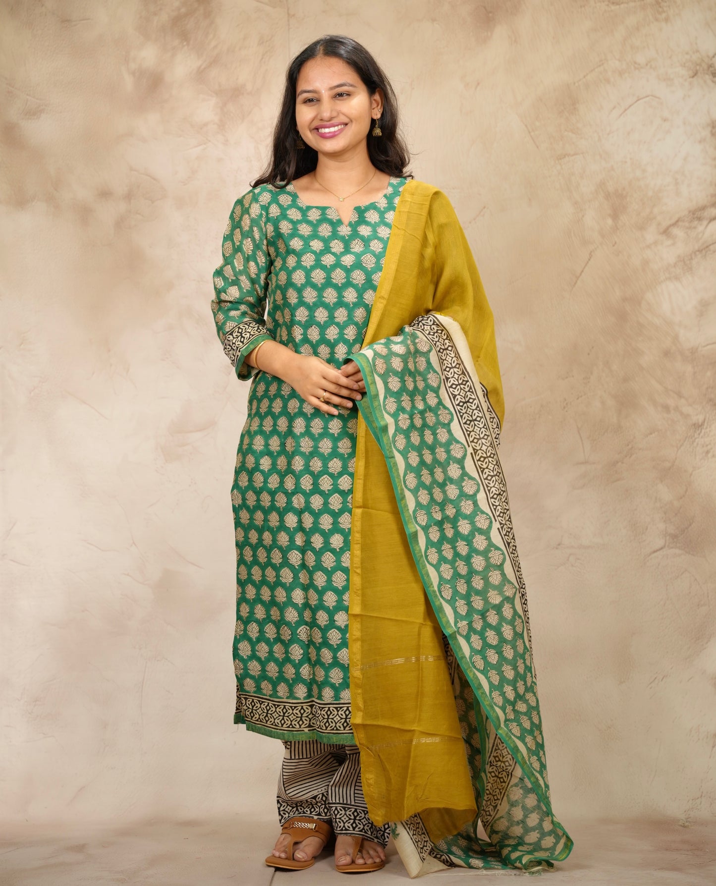 Green Handblock printed Pure Chenderi Silk 3 piece suit (stitched) | Looms & Tassels