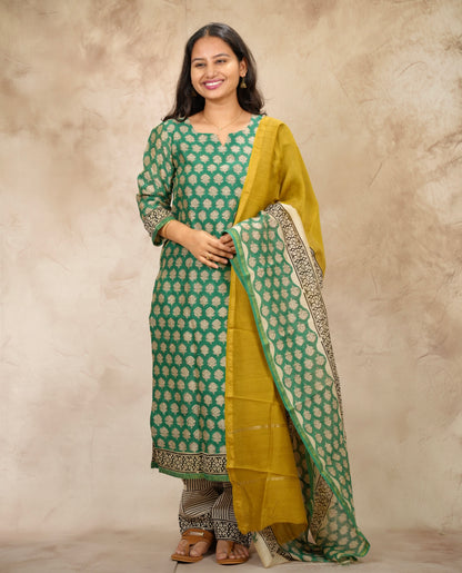 Green Handblock printed Pure Chenderi Silk 3 piece suit (stitched) | Looms & Tassels