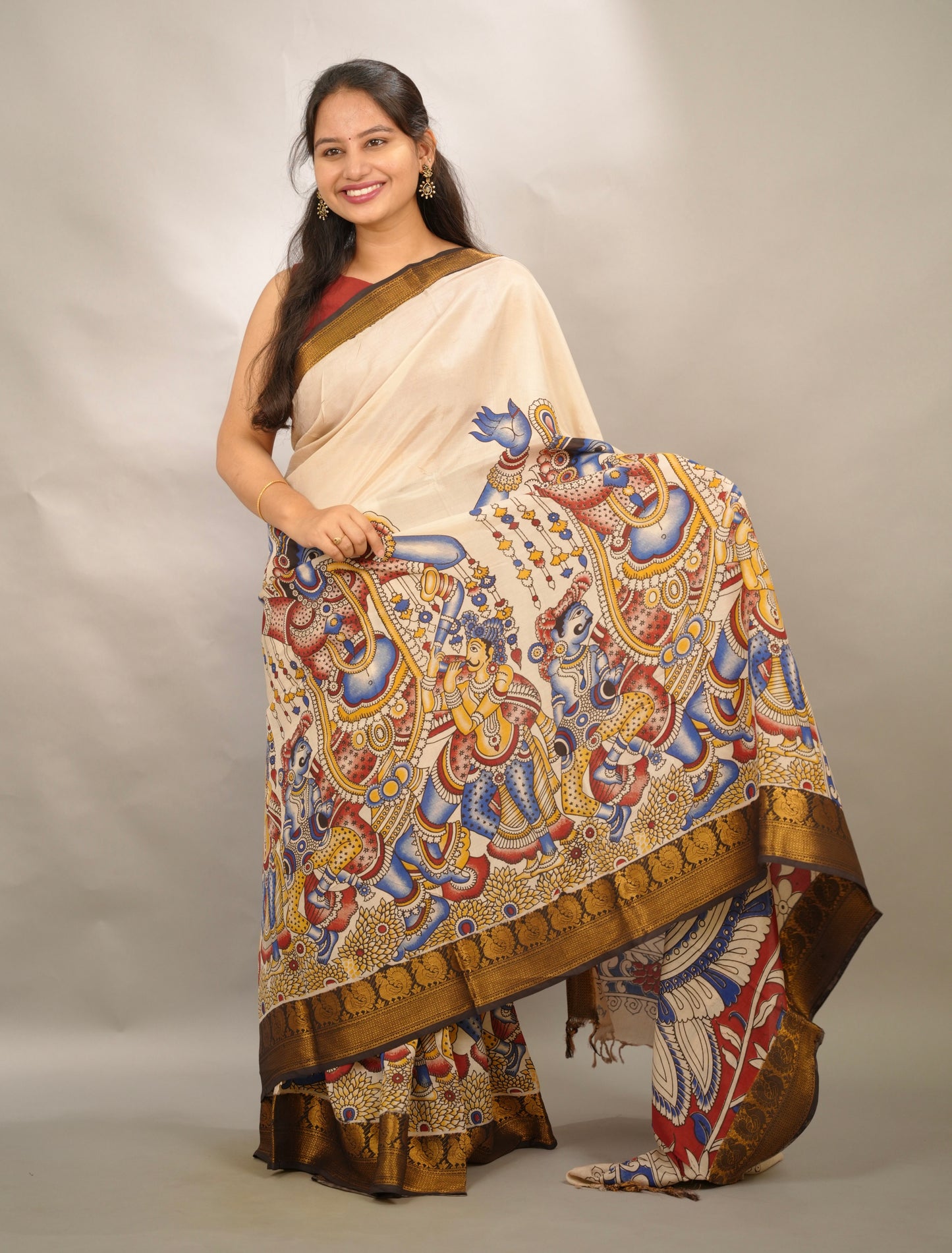 Cream Kanchi border Kalamkari Chennur Silk Saree | Looms & Tassels