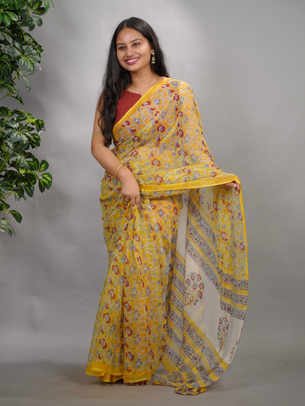 Yellow Chiffon Hand Block Printed Saree| Looms & Tassels