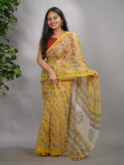 Yellow Chiffon Hand Block Printed Saree| Looms & Tassels