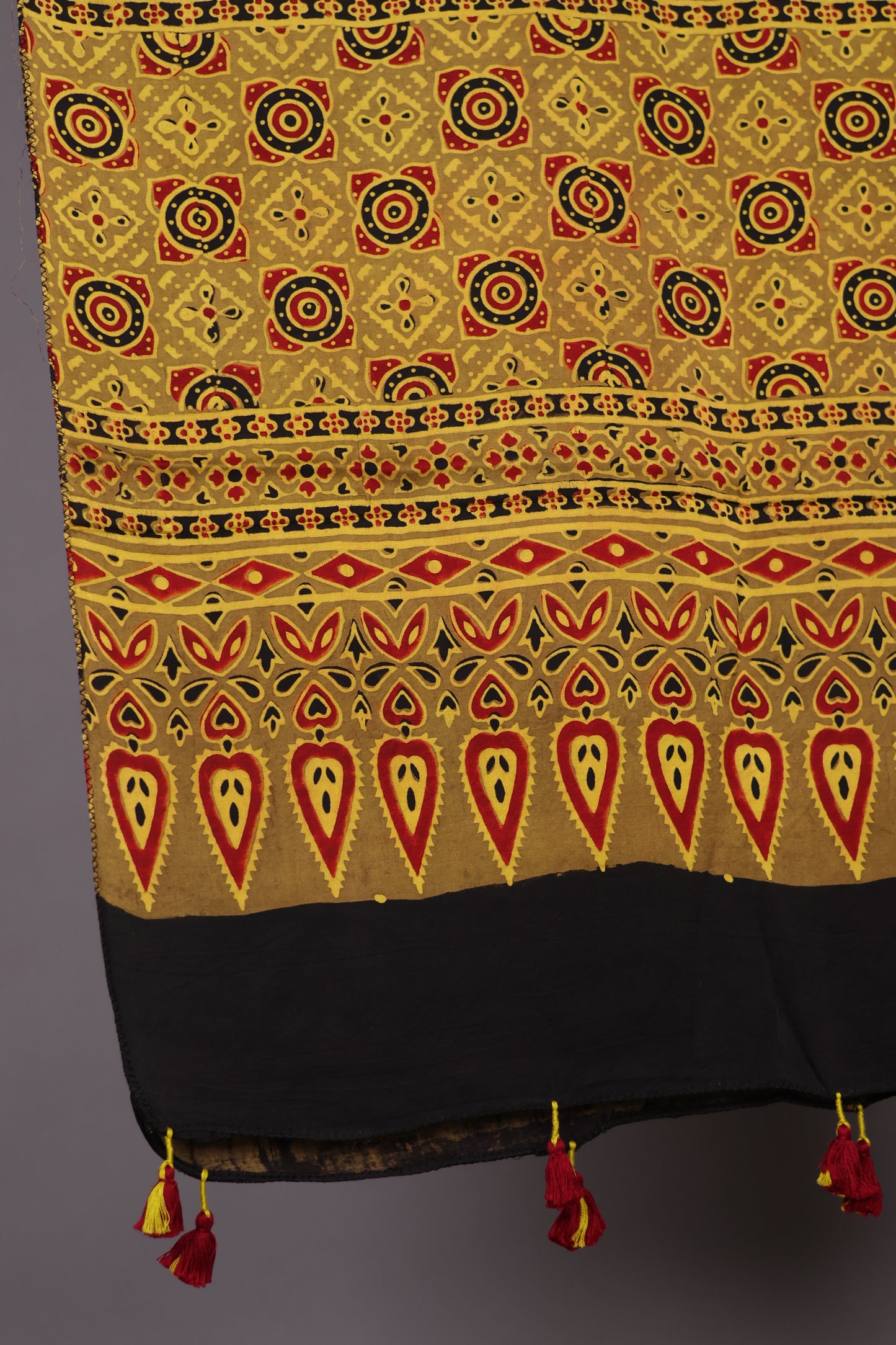 Mustard Ajrakh Hand Block Printed Modal Silk Stole | Looms & Tassels
