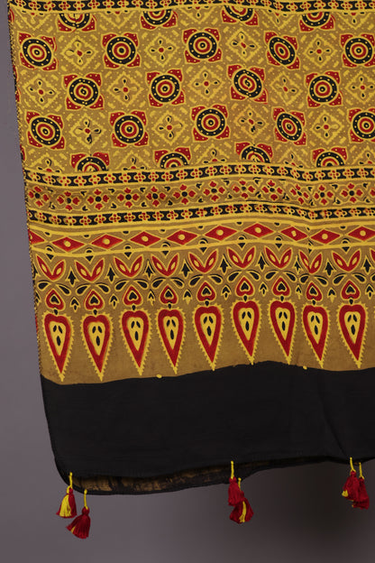 Mustard Ajrakh Hand Block Printed Modal Silk Stole | Looms & Tassels