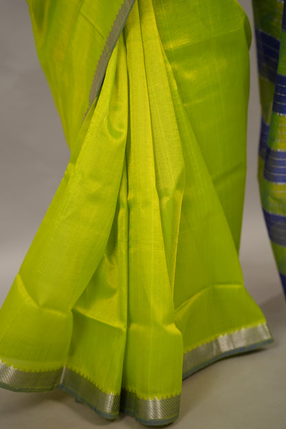 Parrot Green & Blue Handloom Mangalagiri Silk Saree| Looms & Tassels