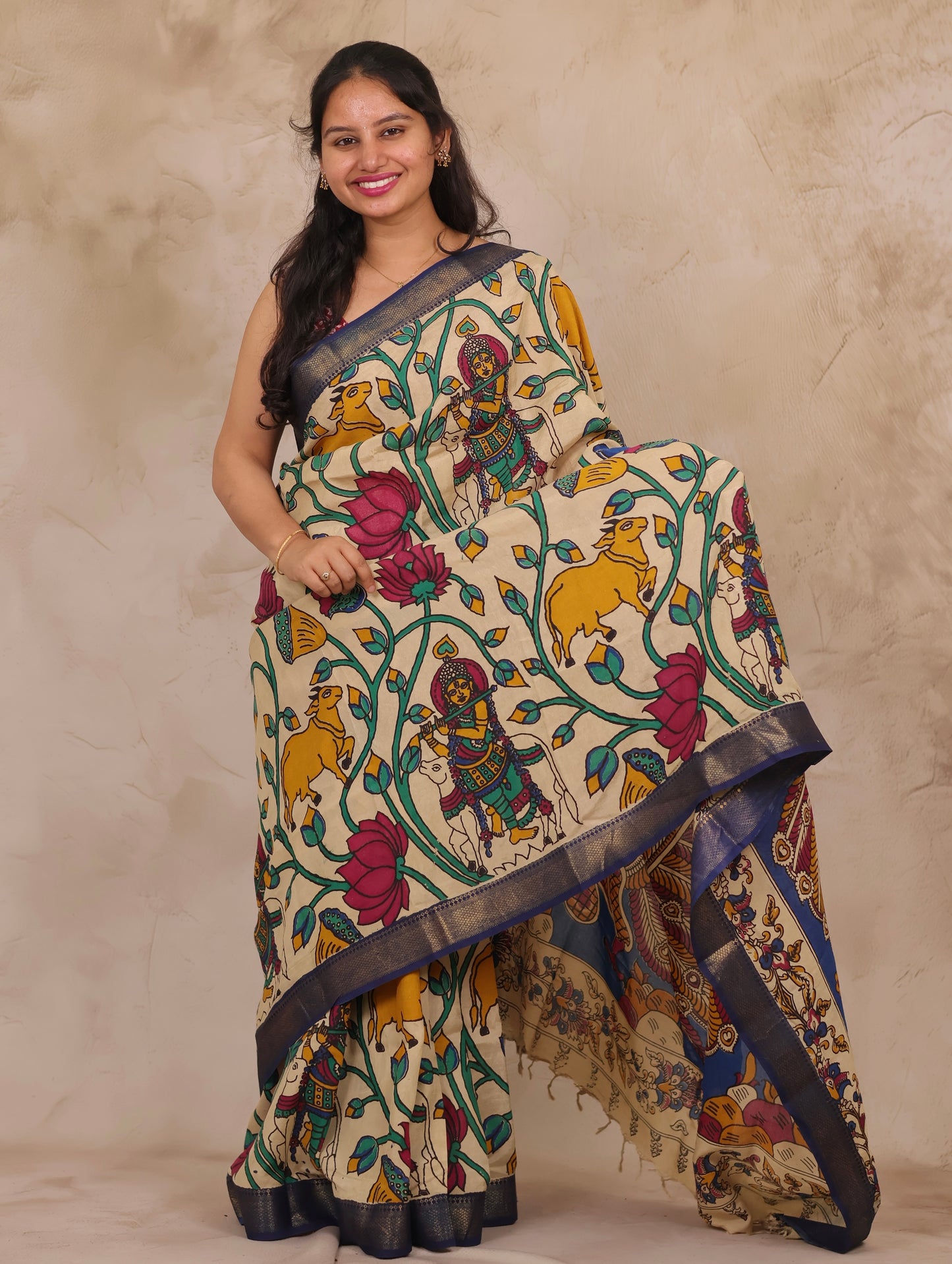 Cream Pichwai Design Kalamkari Nizam Border Chennur Silk Saree | Looms & Tassels