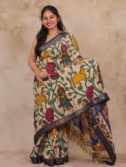 Cream Pichwai Design Kalamkari Nizam Border Chennur Silk Saree | Looms & Tassels