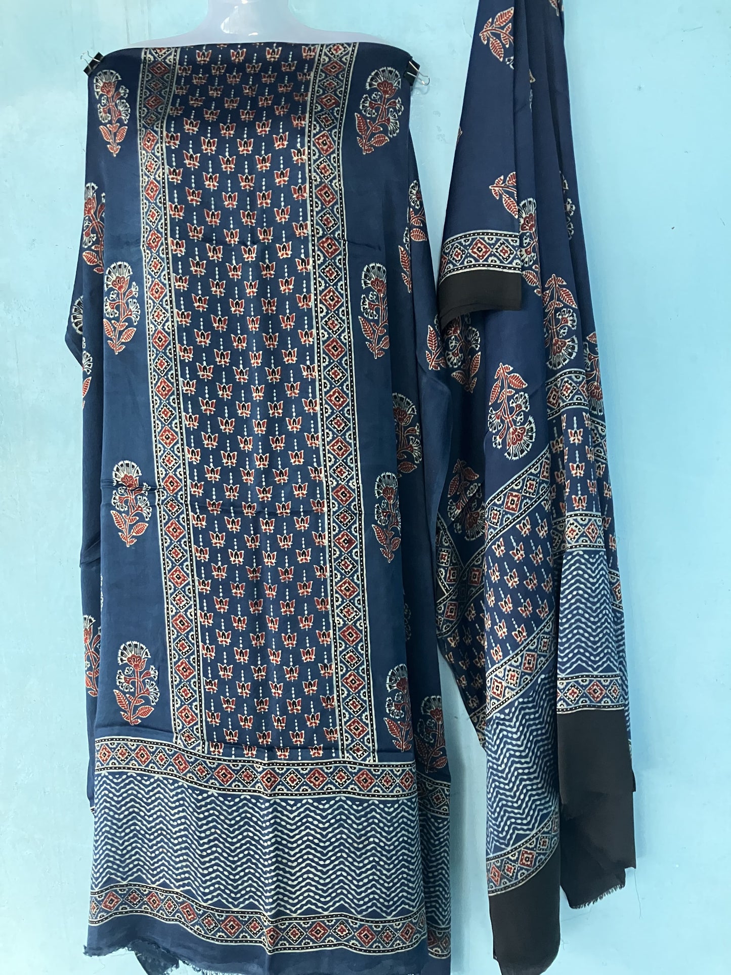 Indigo Floral Ajrakh Handblock Printed Modal Silk 2 Piece Suit Set