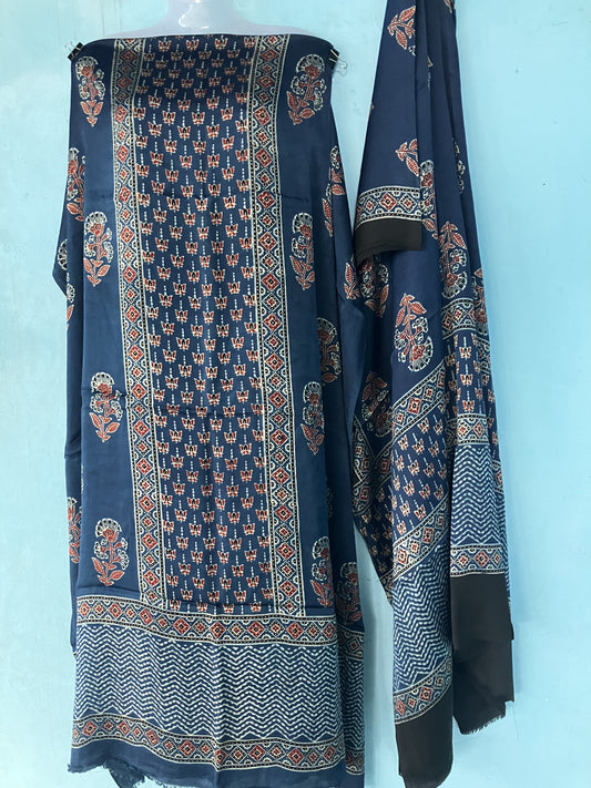 Indigo Floral Ajrakh Handblock Printed Modal Silk 2 Piece Suit Set