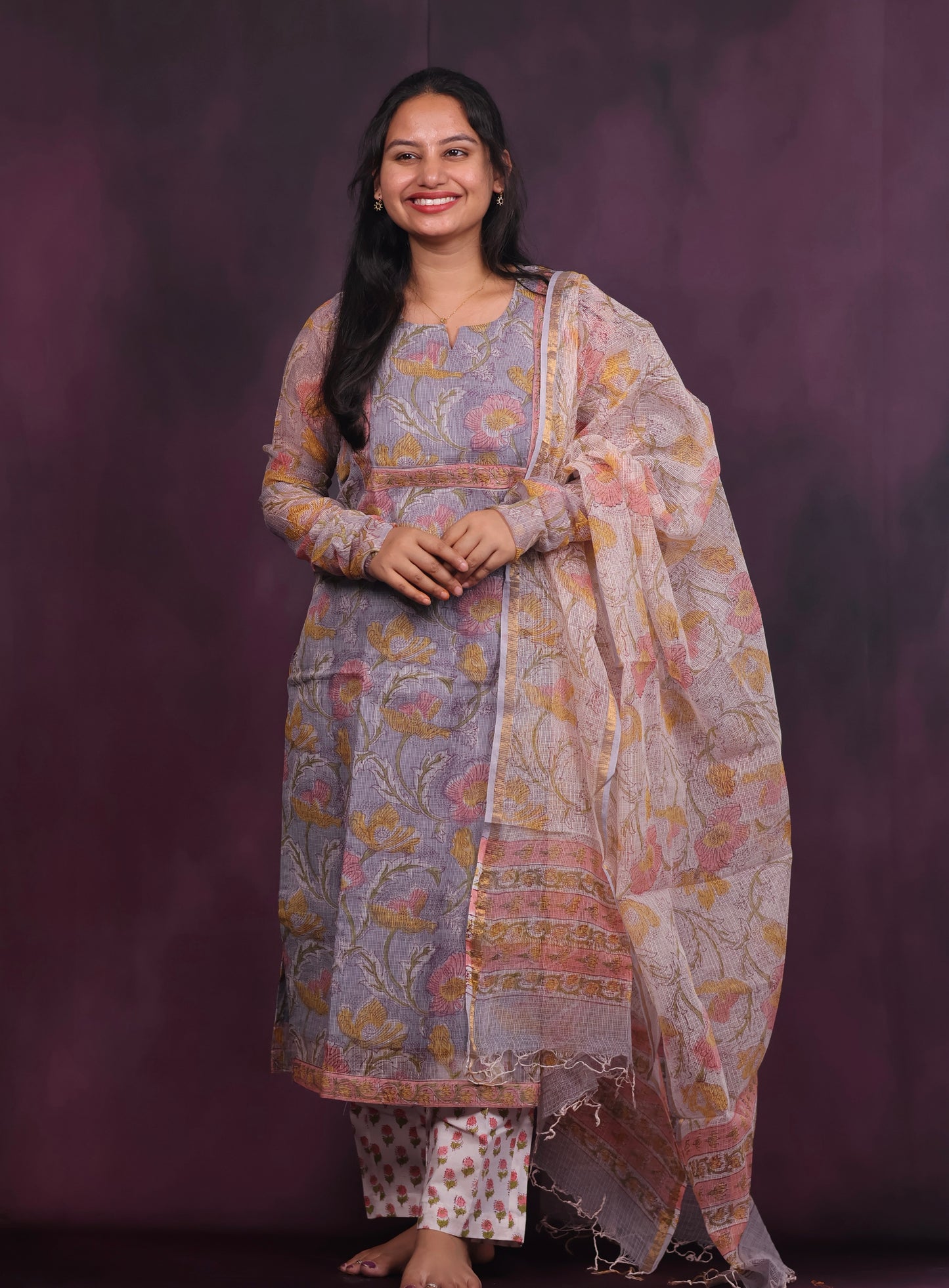 Grey Handblock printed kota 3 piece suit with chudi sleeves