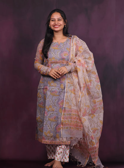 Grey Handblock printed kota 3 piece suit with chudi sleeves
