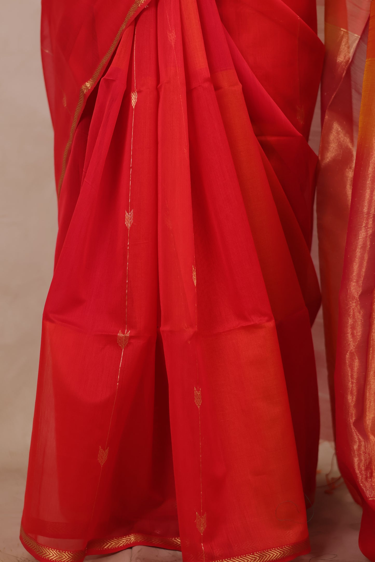 Orange Handloom Maheswari Silk Cotton Sarees | Looms & Tassels
