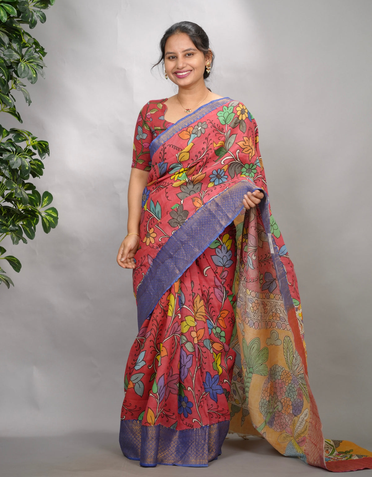 Pink Hand Drawn Pen Kalamkari Bangalore Silk Kanchi Border Saree | Looms & Tassels