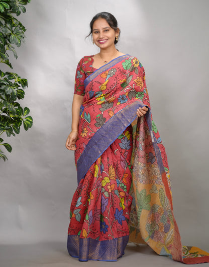 Pink Hand Drawn Pen Kalamkari Bangalore Silk Kanchi Border Saree | Looms & Tassels