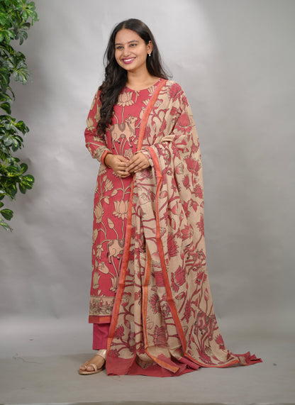 Pink Pichwai Kalamkari Kota Cotton 3 piece suit set (stitched) | Looms & Tassels