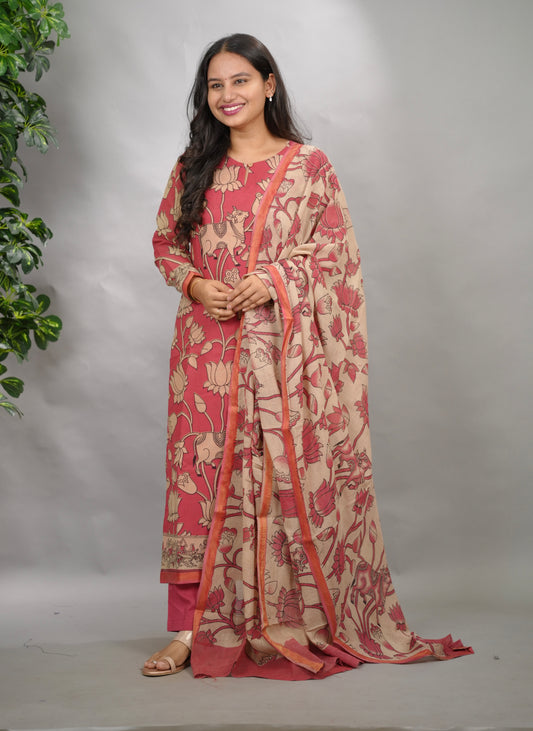 Pink Pichwai Kalamkari Kota Cotton 3 piece suit set (stitched) | Looms & Tassels