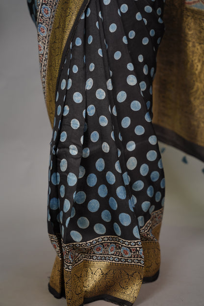 Ajrakh Dola Silk Saree - Black | Looms & Tassels