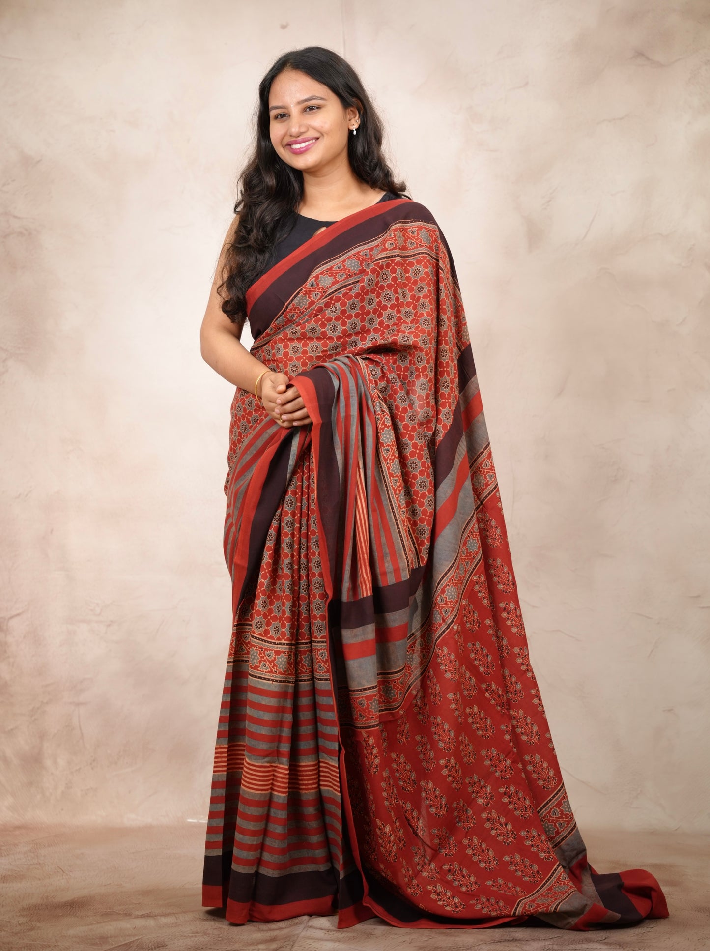 Red Ajrakh Hand Block Printed Cotton Saree | Looms & Tassels