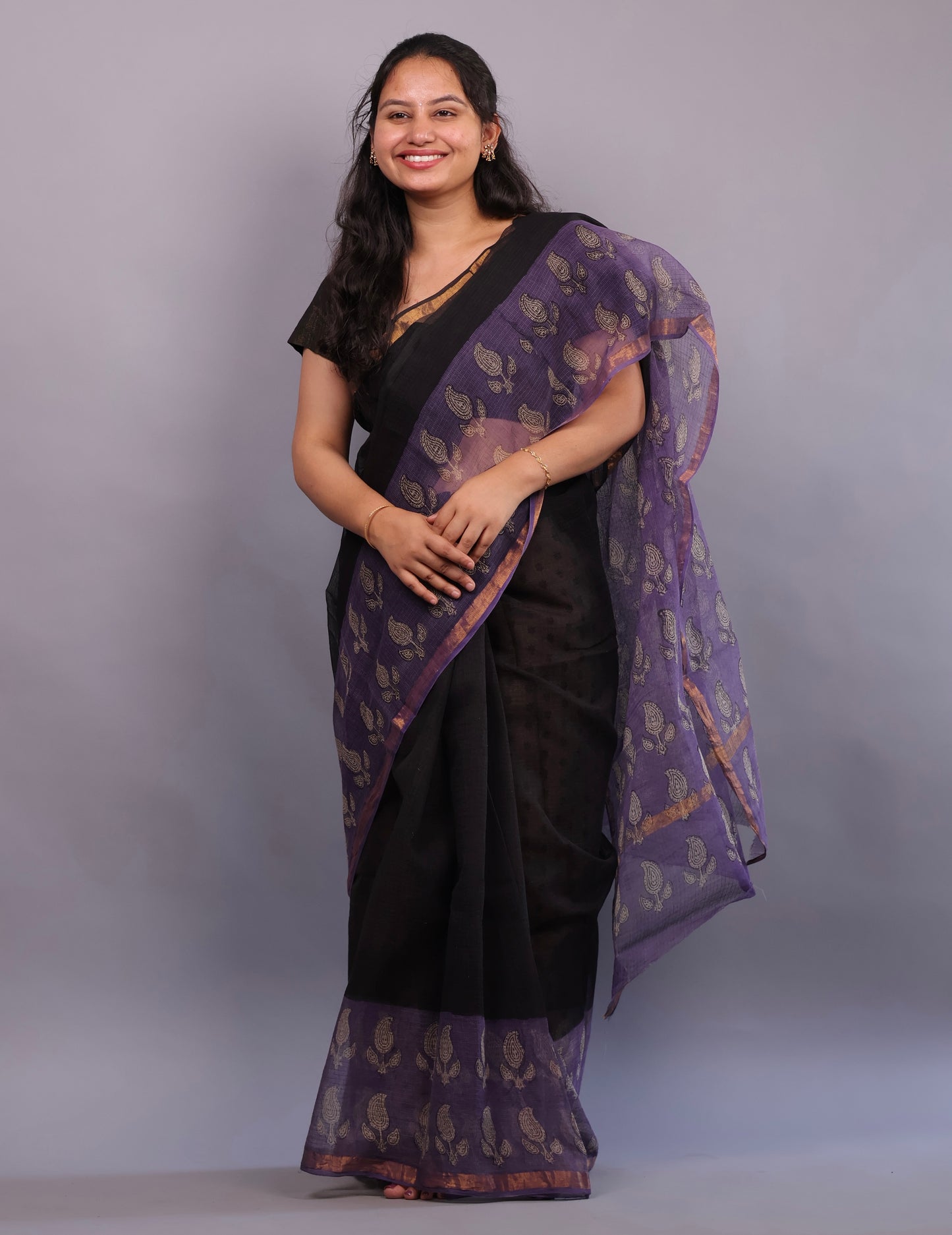 Pure Kota Doria Saree with Bagru Handblock Prints – Black | Looms&Tassels