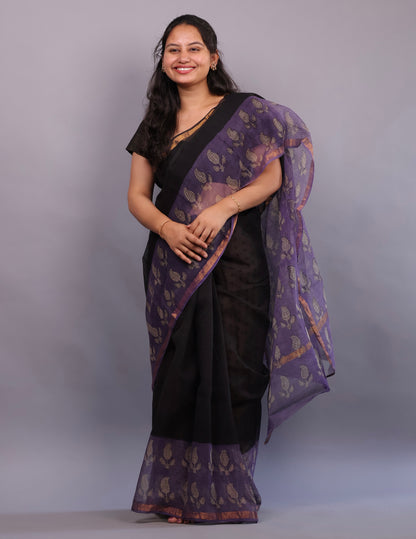 Pure Kota Doria Saree with Bagru Handblock Prints – Black | Looms&Tassels