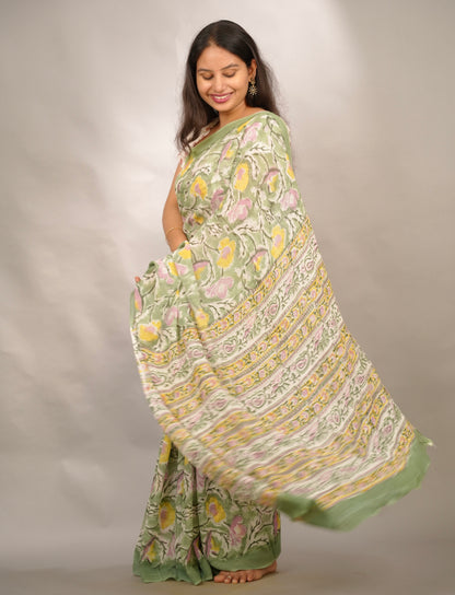 Green Georgette Hand Block Printed Saree| Looms & Tassels