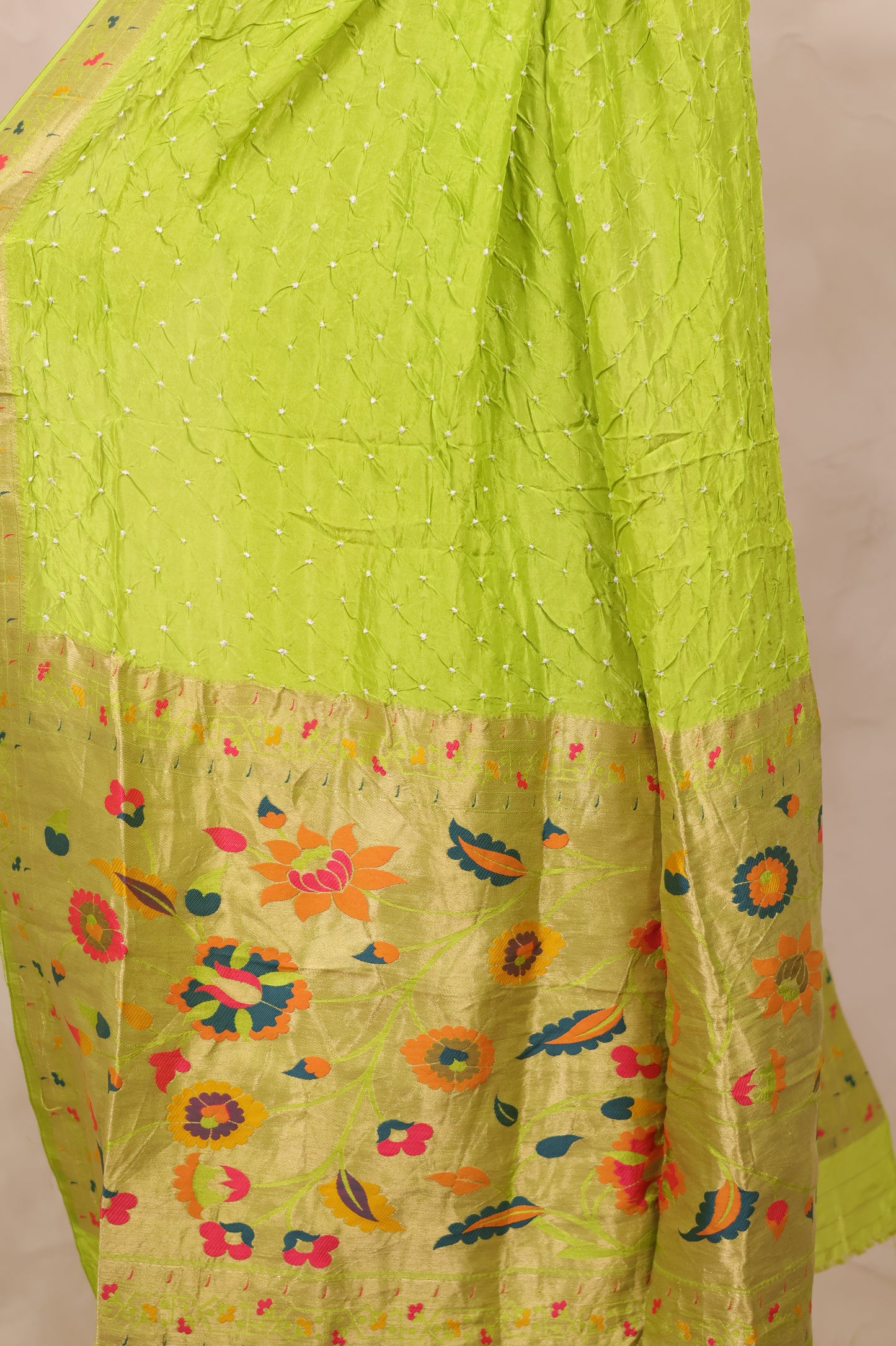 Lemon Green Handcrafted Bandhani Paithani Dola Silk Saree | Looms & Tassels