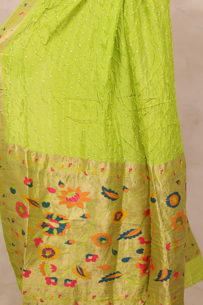 Lemon Green Handcrafted Bandhani Paithani Dola Silk Saree | Looms & Tassels
