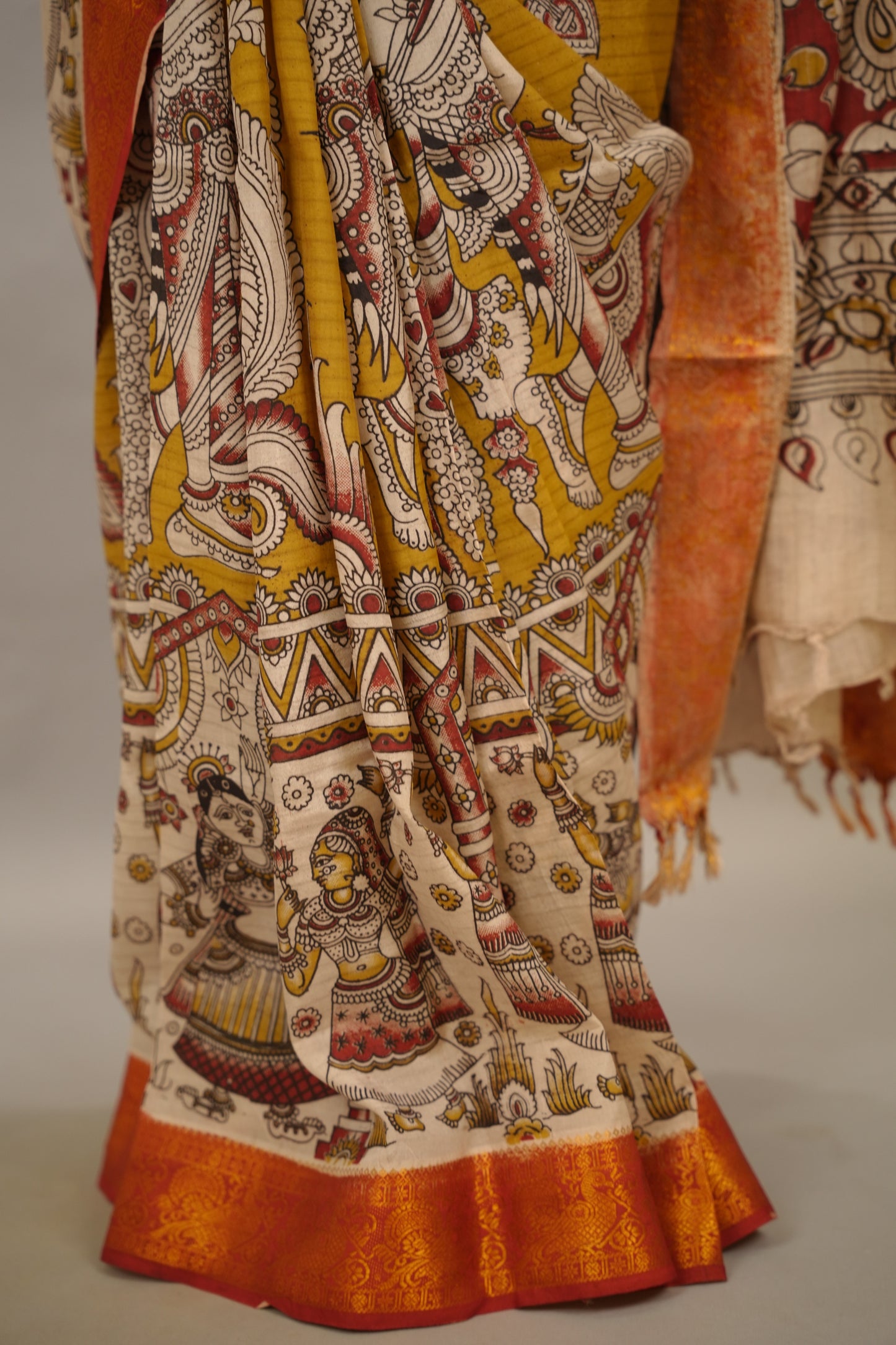 Mustard Kanchi border Kalamkari Chennur Silk Saree | Looms & Tassels