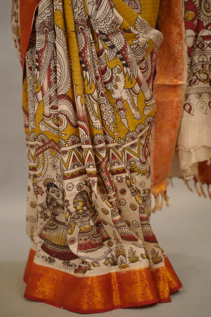 Mustard Kanchi border Kalamkari Chennur Silk Saree | Looms & Tassels