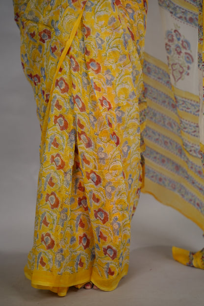 Yellow Chiffon Hand Block Printed Saree| Looms & Tassels