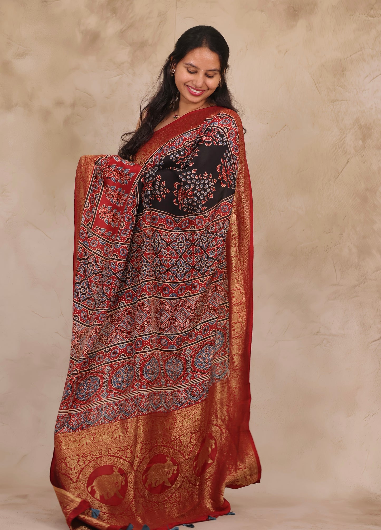 Black & Red Ajrakh Handblock printed Dola Silk Saree | Looms & Tassels