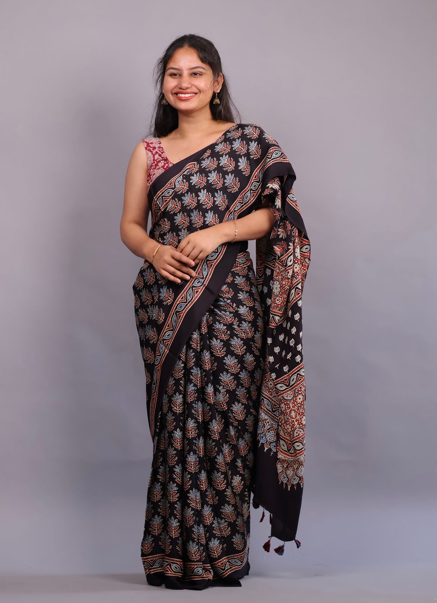 Black Authentic Ajrakh Handblock Printed Modal Silk Saree | Looms & Tassels