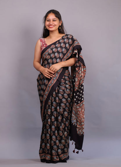 Black Authentic Ajrakh Handblock Printed Modal Silk Saree | Looms & Tassels