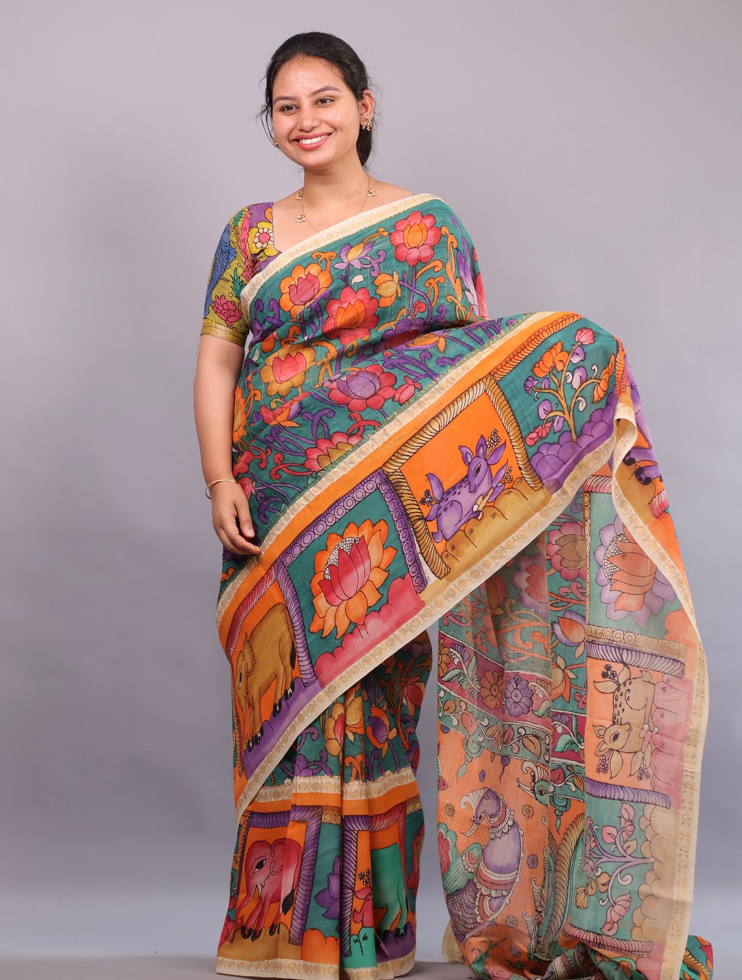 Sea Green Hand Painted Pen Kalamkari Bangalore Silk Saree with Sungdi Borders