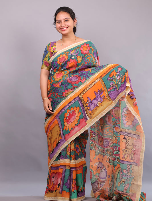 Sea Green Hand Painted Pen Kalamkari Bangalore Silk Saree with Sungdi Borders
