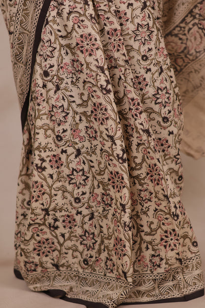 Cream Hand Block Printed Kalamkari Cotton Saree | Looms & Tassels