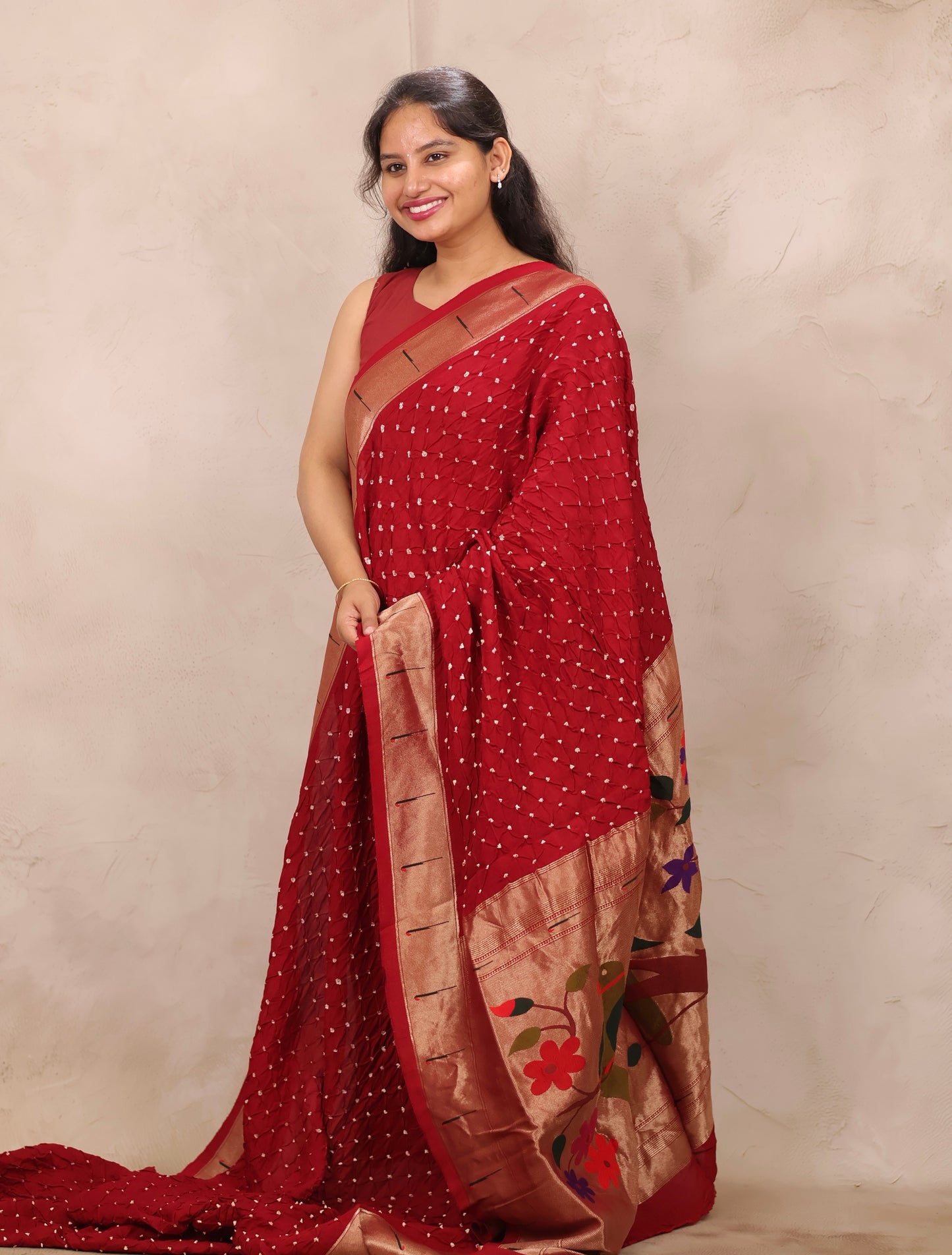Maroon Handcrafted Bandhani Paithani Dola Silk Saree | Looms & Tassels
