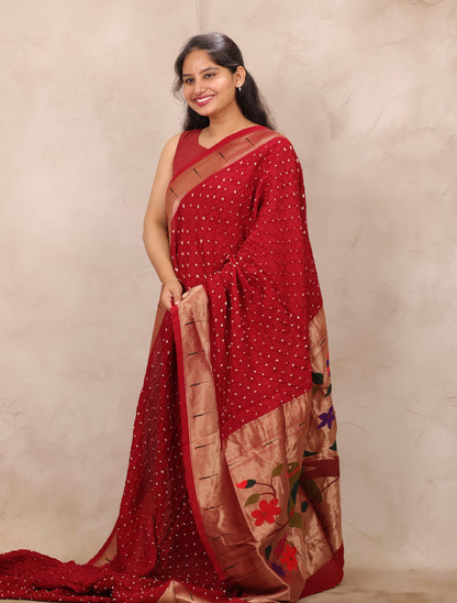 Maroon Handcrafted Bandhani Paithani Dola Silk Saree | Looms & Tassels