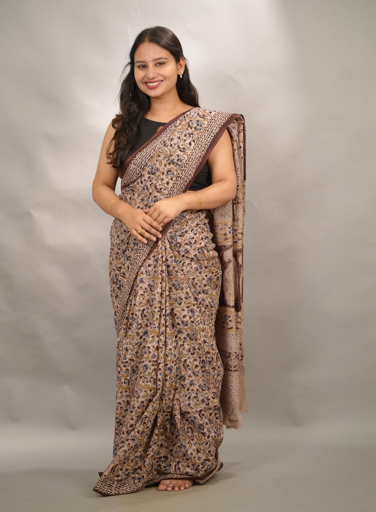 Cream Hand Block Printed Kalamkari Cotton Saree | Looms & Tassels