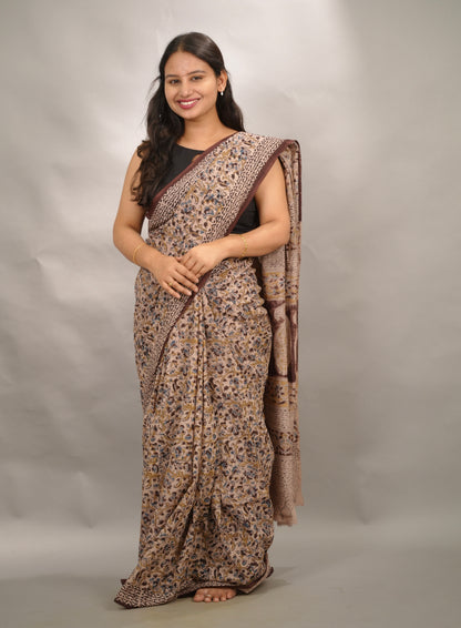 Cream Hand Block Printed Kalamkari Cotton Saree | Looms & Tassels