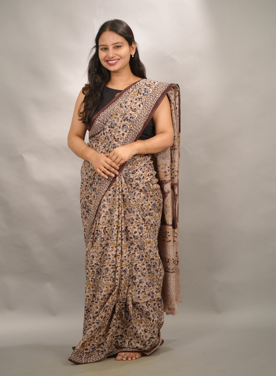 Cream Hand Block Printed Kalamkari Cotton Saree | Looms & Tassels
