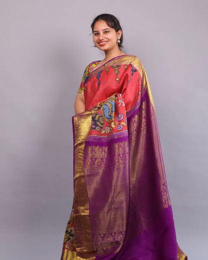 Kanchi Pattu Hand Painted Pen Kalamkari Saree