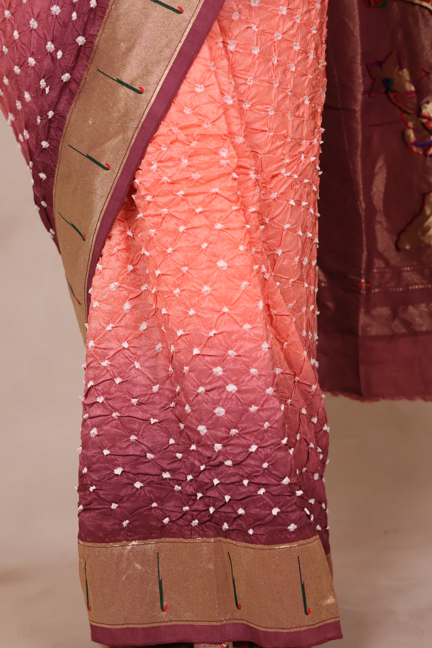 Peach & Wine Handcrafted Bandhani Paithani Dola Silk Saree | Looms & Tassels