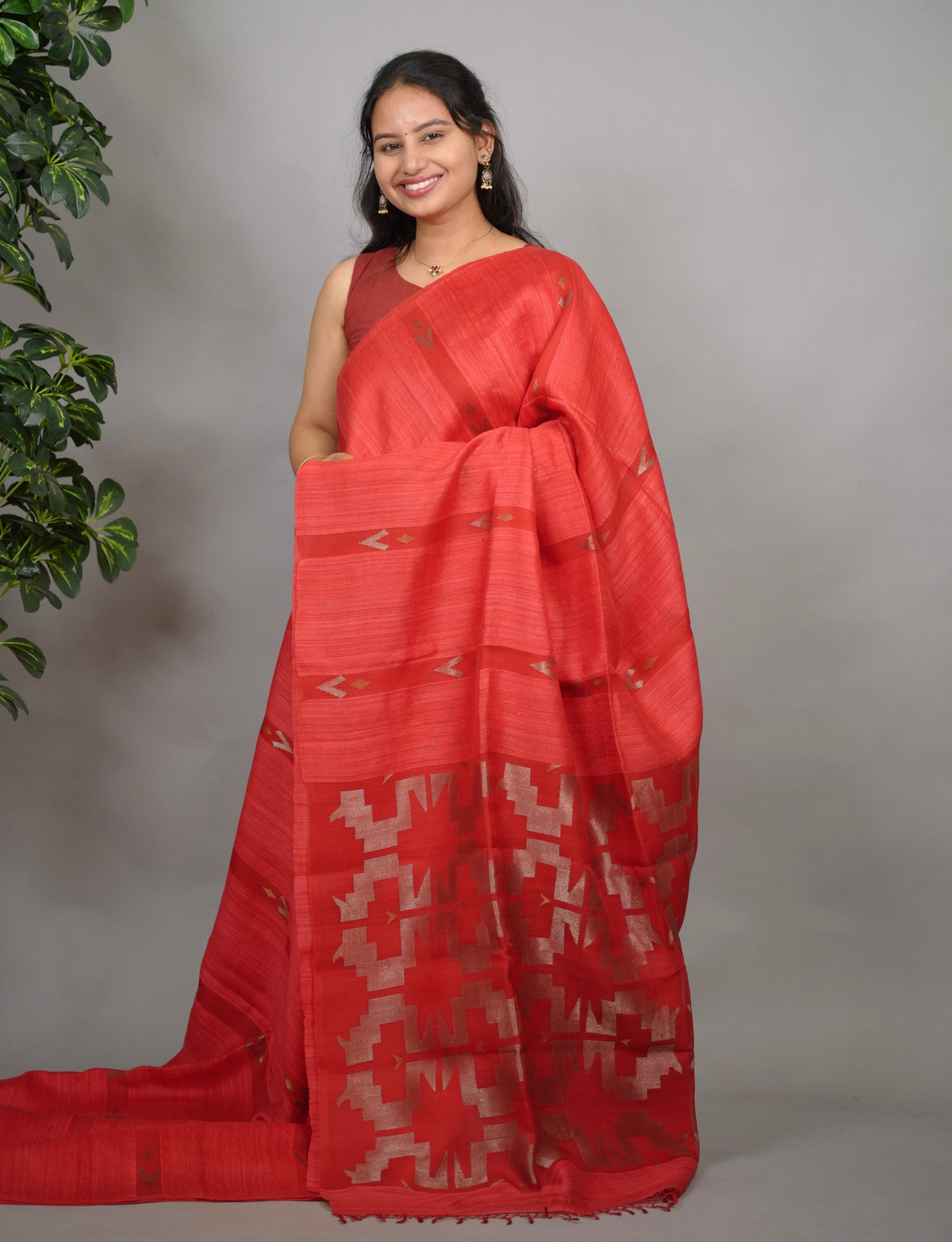 Red Handloom Jamdhani Pure Matka Silk Saree with Muslin Silk Pallu
