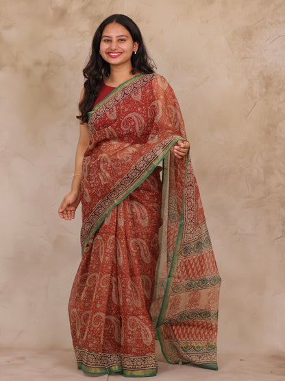 Maroon Pure Kota Doria Saree with Bagru Handblock Prints | Looms & Tassels